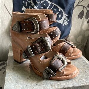 Freebird Brown Leather Heeled Sandals with Buckles